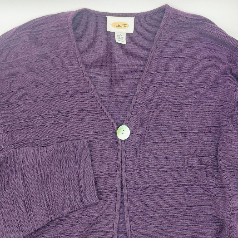 Talbots Ribbed One Button Open Cardigan Women's Large Purple Sweater Business